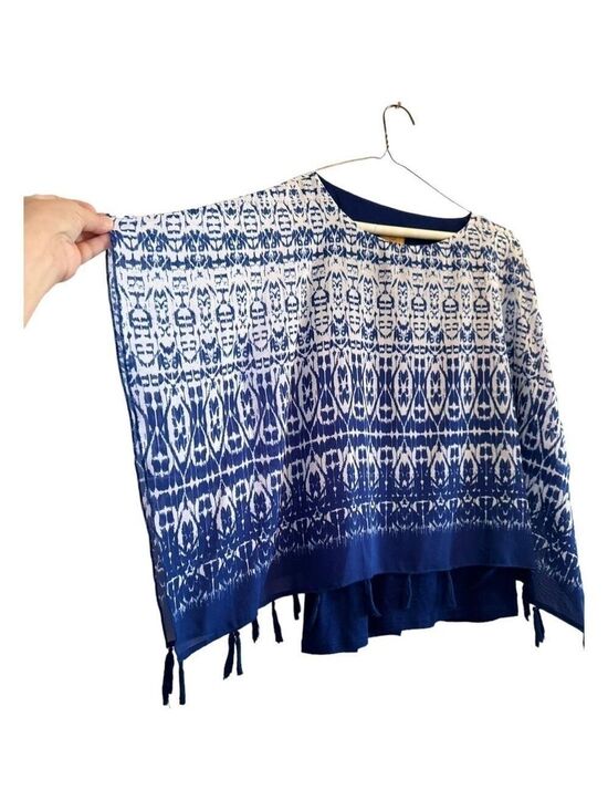 Ruby Rd. Tops - Ruby Rd. Boho Abstract Tunic Blouse Blue & White Kimono Sleeves, PETITE Medium